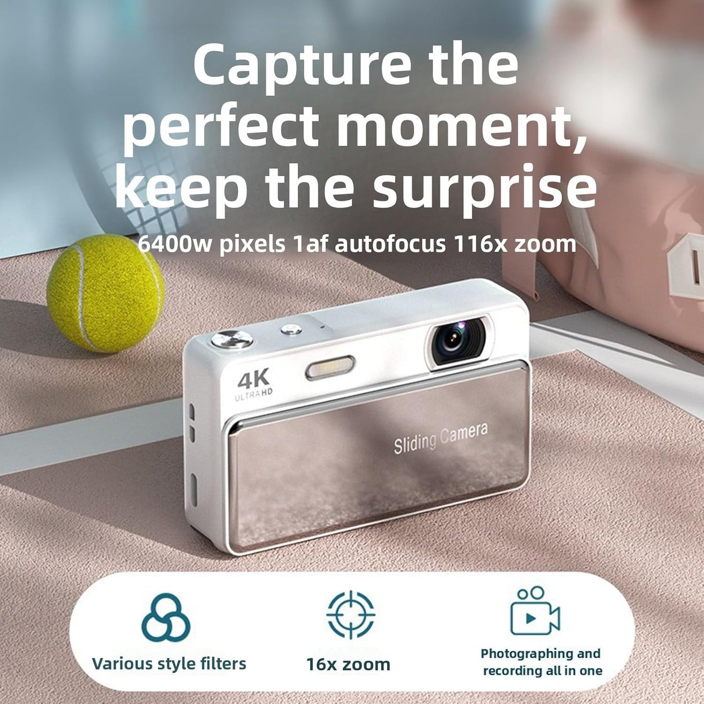 Digital Camera, 64MP HD Autofocus 4K Retro Sliding Camera, 16X Digital Zoom CCD Cameras with 2.8 Inch Screen for Teens Adult Beginner (Silver)