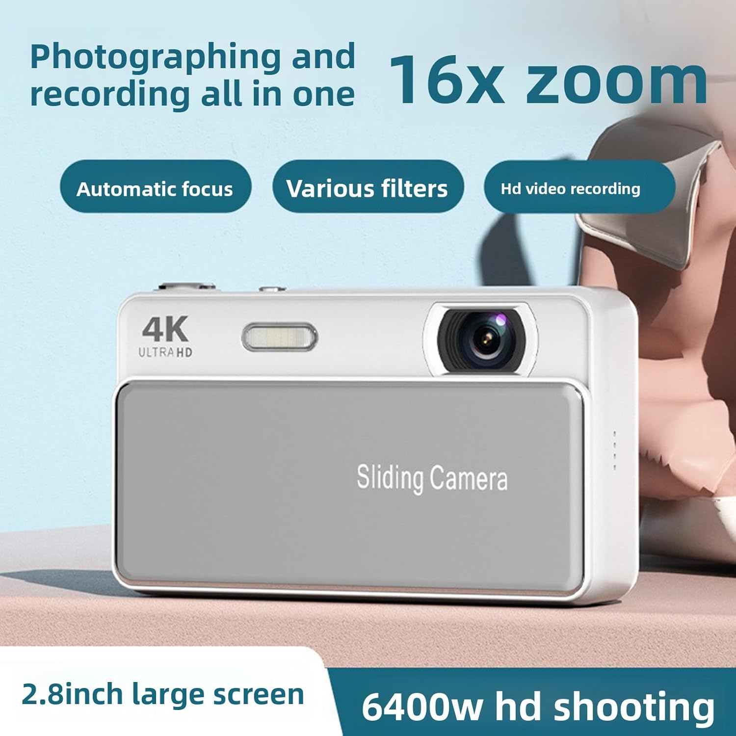 Digital Camera, 64MP HD Autofocus 4K Retro Sliding Camera, 16X Digital Zoom CCD Cameras with 2.8 Inch Screen for Teens Adult Beginner (Silver)