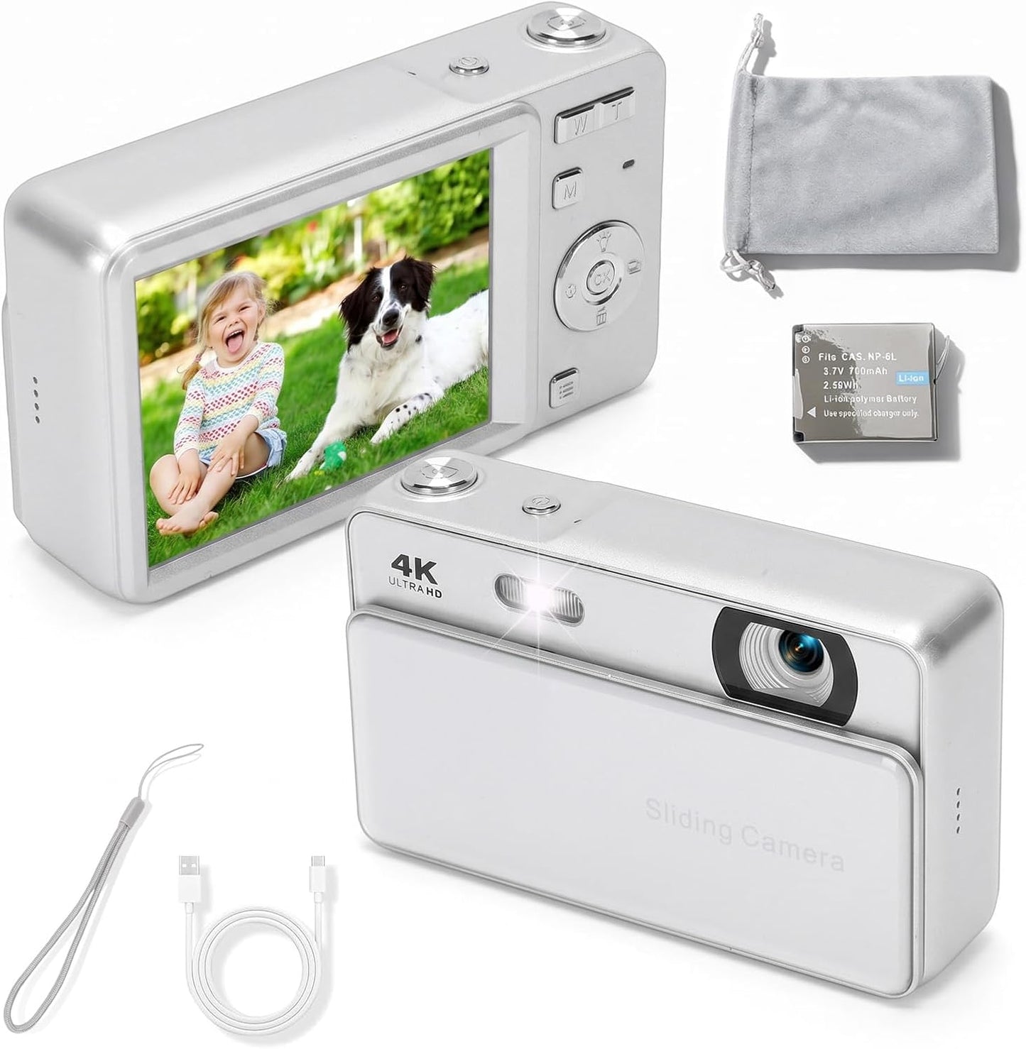 Digital Camera, 64MP HD Autofocus 4K Retro Sliding Camera, 16X Digital Zoom CCD Cameras with 2.8 Inch Screen for Teens Adult Beginner (Silver)