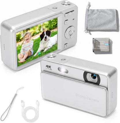 Digital Camera, 64MP HD Autofocus 4K Retro Sliding Camera, 16X Digital Zoom CCD Cameras with 2.8 Inch Screen for Teens Adult Beginner (Silver)